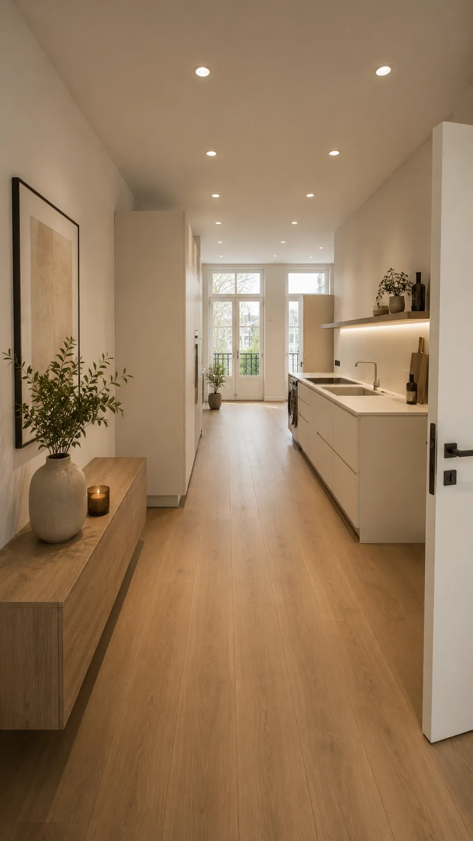 Lange gang met houten vloer en inbouwspots richting een keuken