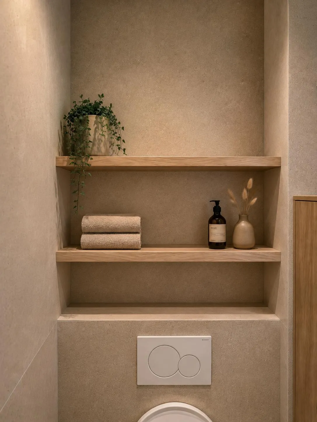 Toilet met ingebouwde houten planken in een nis boven een wit bedieningspaneel