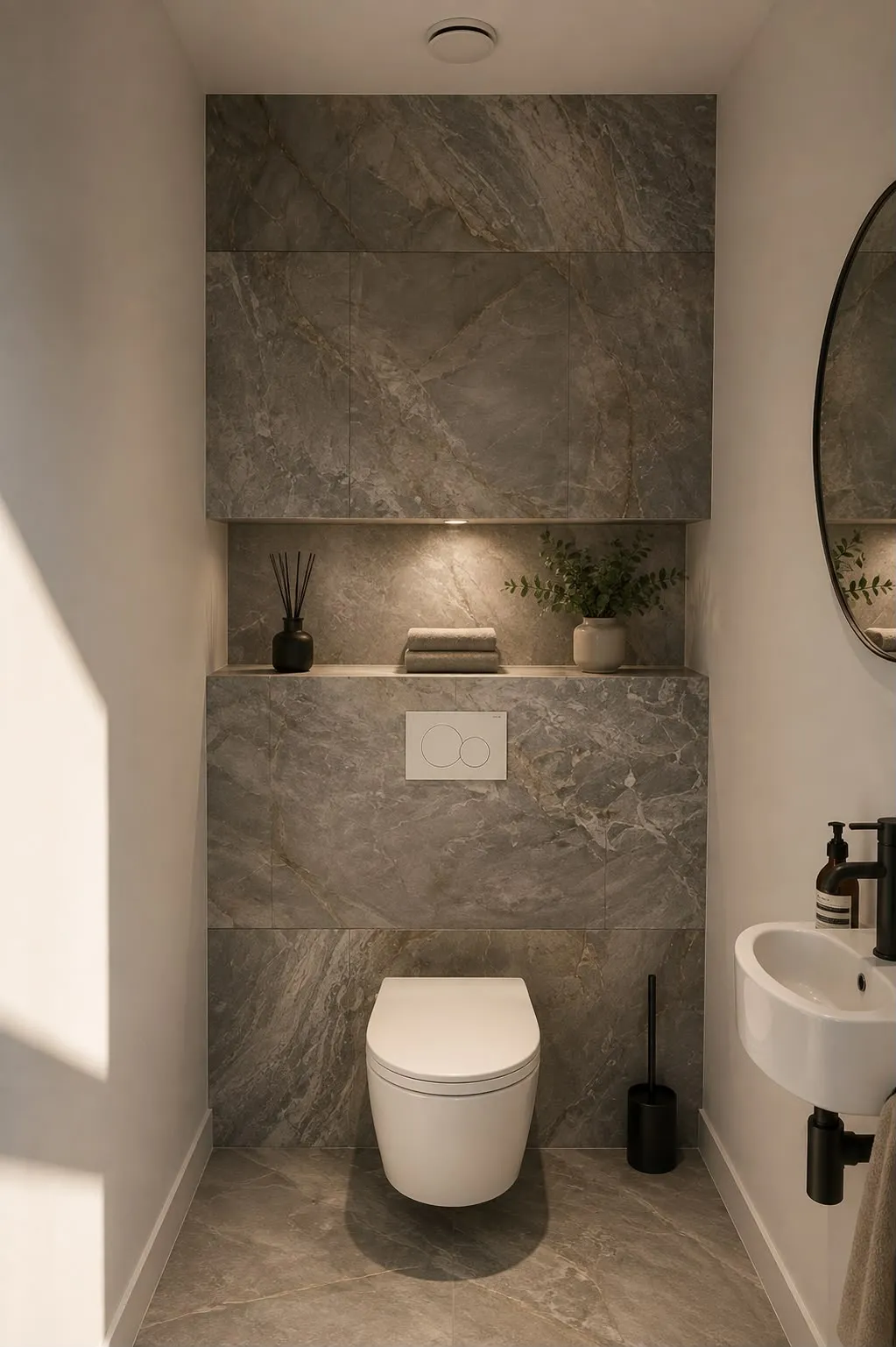Toilet met natuursteenlook wand, verlichte nis, hangtoilet en fonteintje